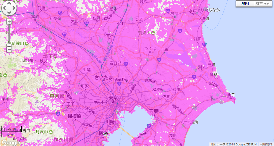 WiMAXの通信エリア（東京近郊）